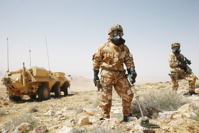 A Falcon Squadron 6x6 Fuchs TPz CBRN reconnaissance vehicle and crew on a training exercise in Jordan. (Crown Copyright)